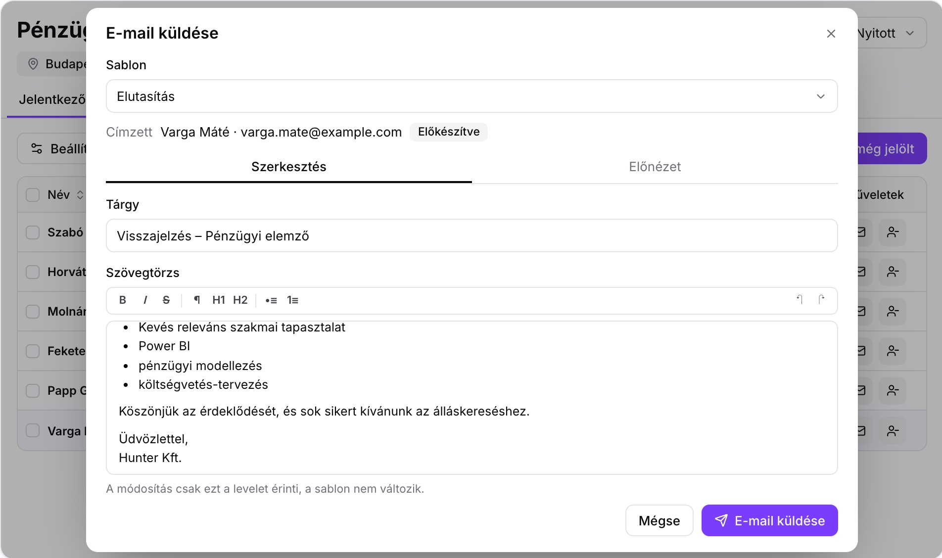 Elutasító e-mail a Fitbase-ben a Fitreportból kiolvasott hiányzó készségekkel