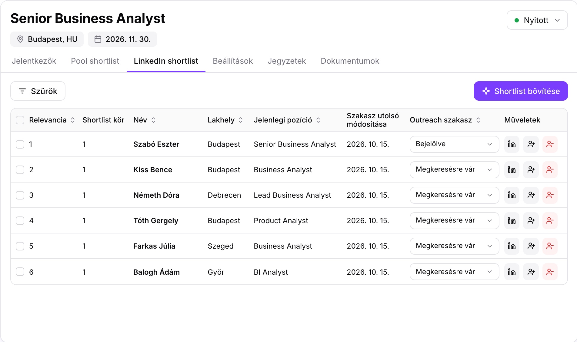LinkedIn shortlist a Fitbase-ben: relevancia szerint rendezett profilok outreach szakasszal