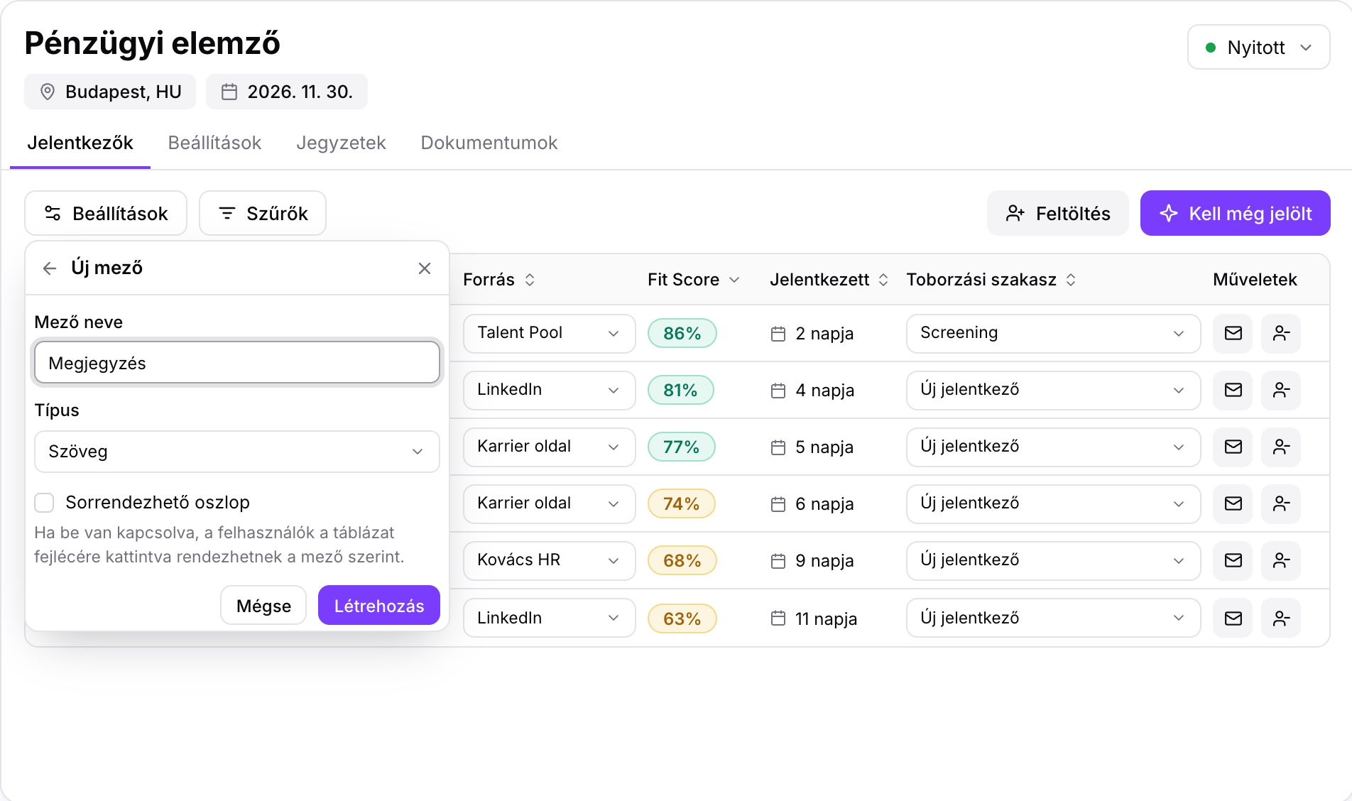Új egyedi mező létrehozása a Fitbase-ben: Megjegyzés mező a jelentkezői táblához