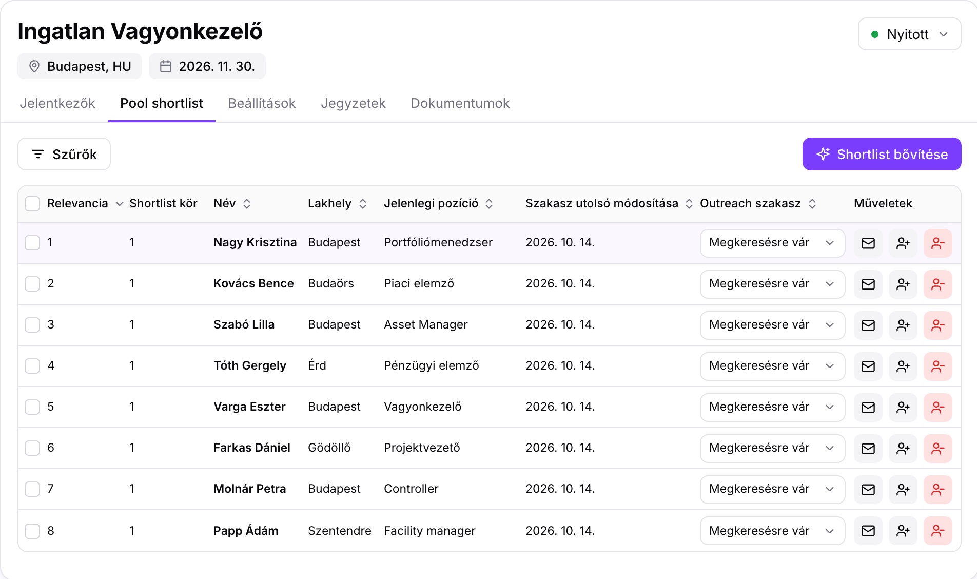 Pool shortlist a Fitbase-ben: a pozícióhoz illő jelöltek a Talent Poolból, relevancia szerint