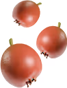 Three red hawthorn berries with a smooth texture and small brown spots.