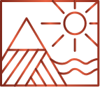 Minimalist line art of mountains, sun, and waves inside a rectangular frame.