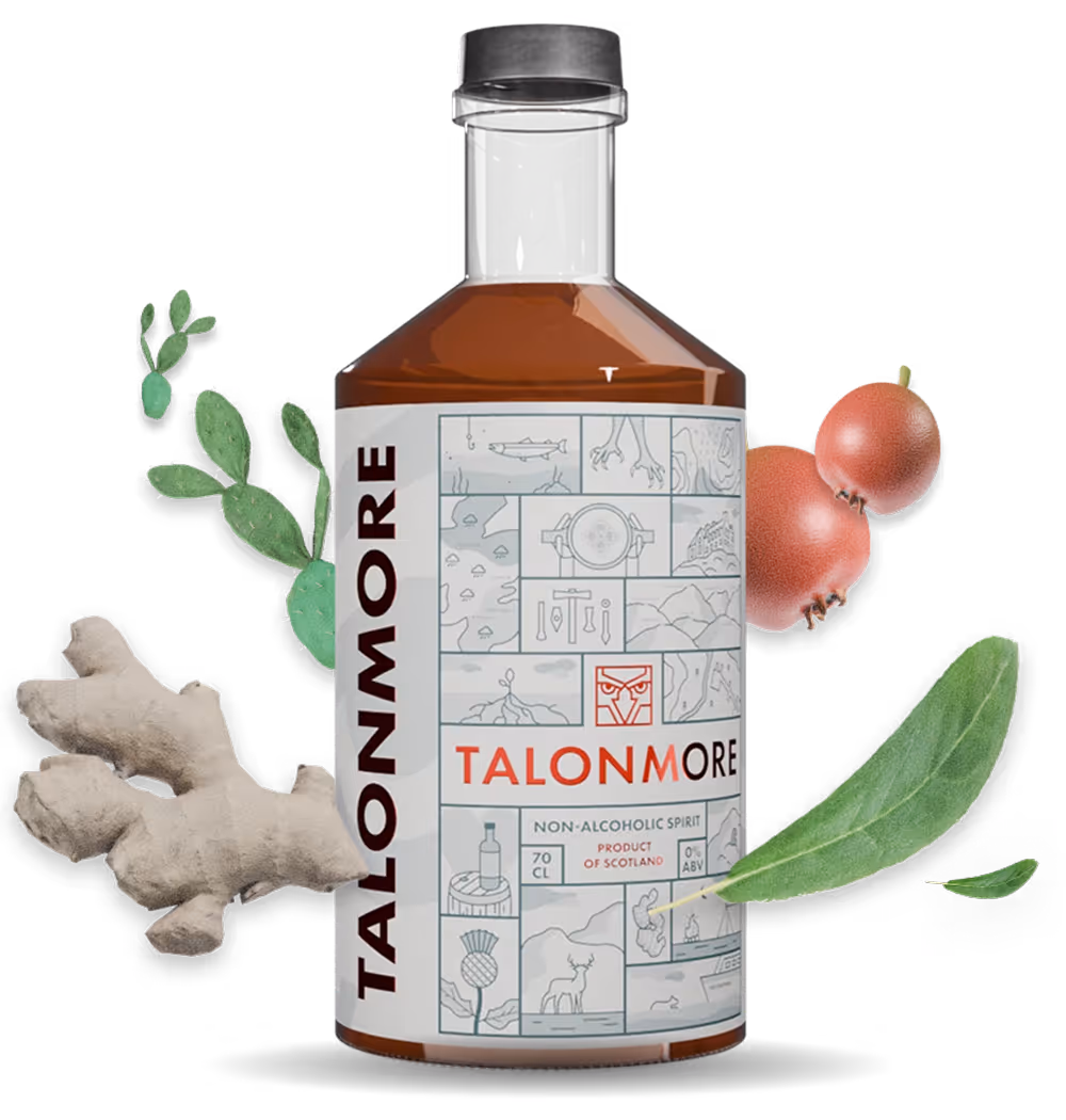 Talonmore Bottle with 3D ingredients of Ginger, Cactus, Assam Tea and Hathorne Berry