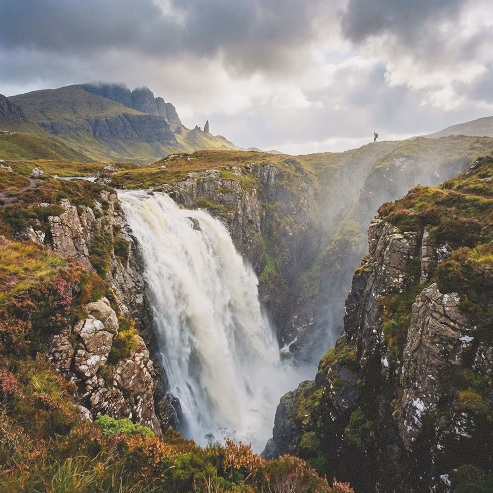Large waterfall flowing between rocky cliffs under a cloudy sky with a person standing on the ridge.