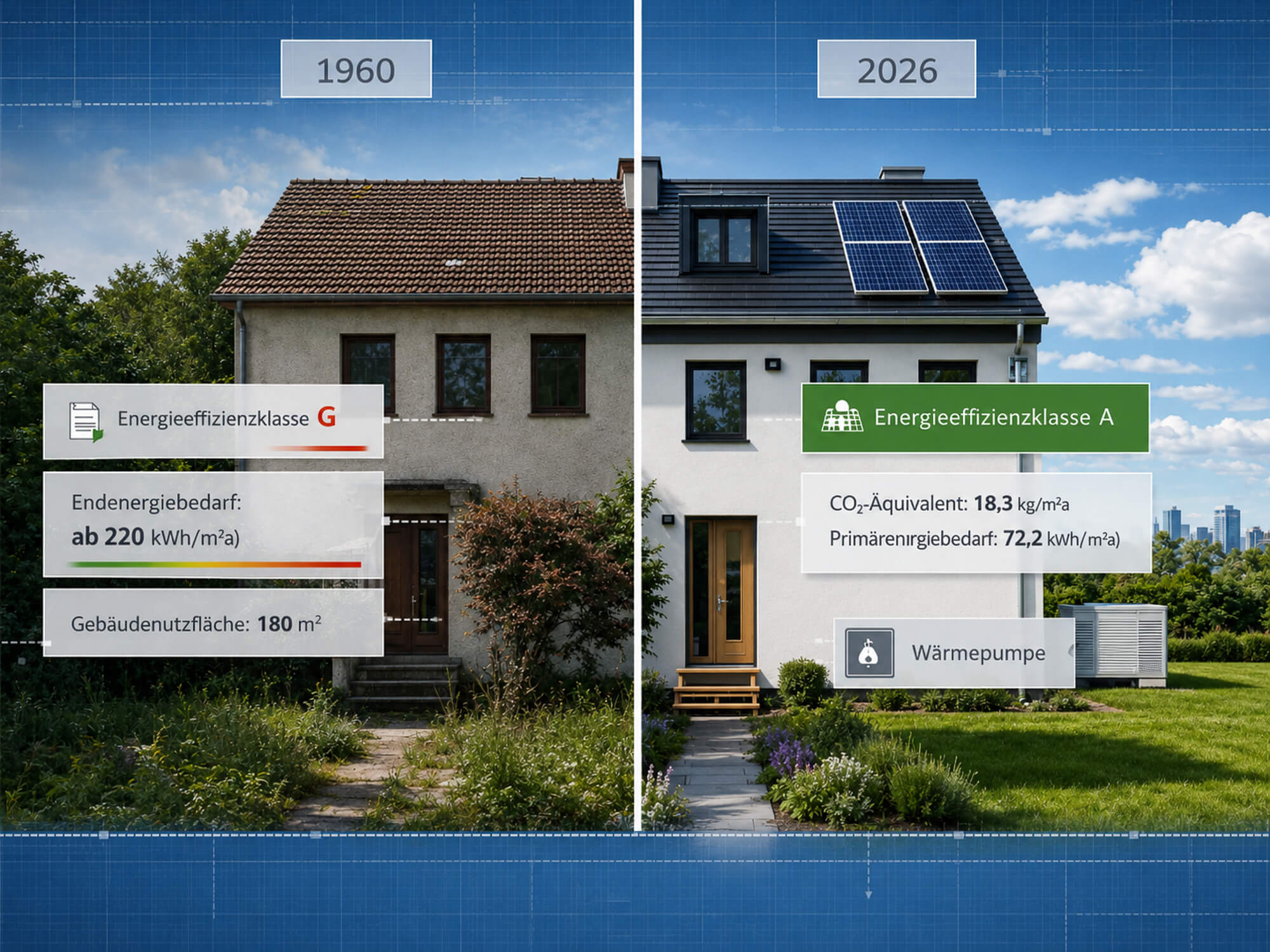 Vergleich eines unsanierten Hauses von 1960 mit einem modernisierten Haus von 2026