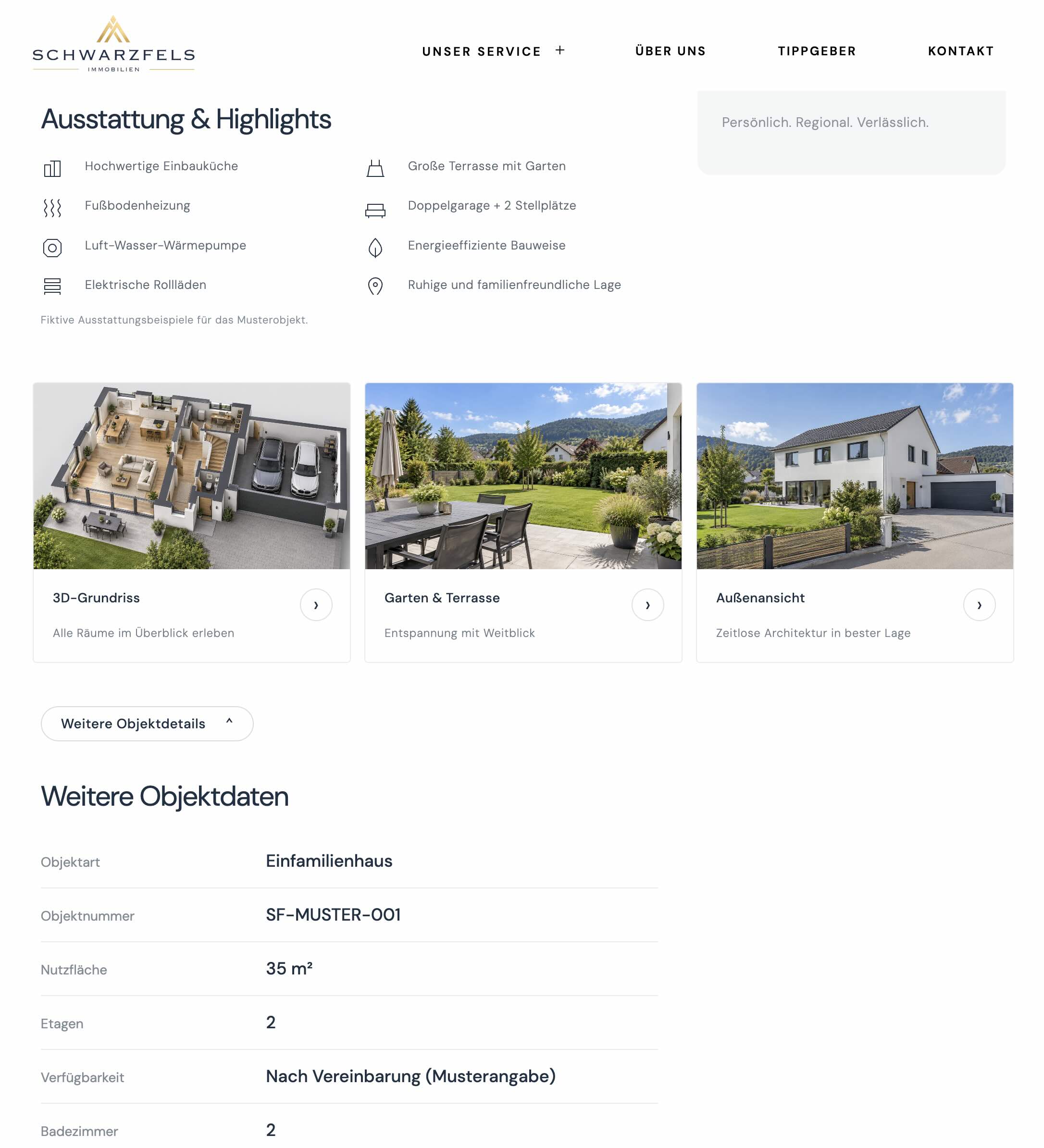 Weitere Ansicht des Muster-Exposés mit Ausstattung, Grundriss, Garten und Objektdaten