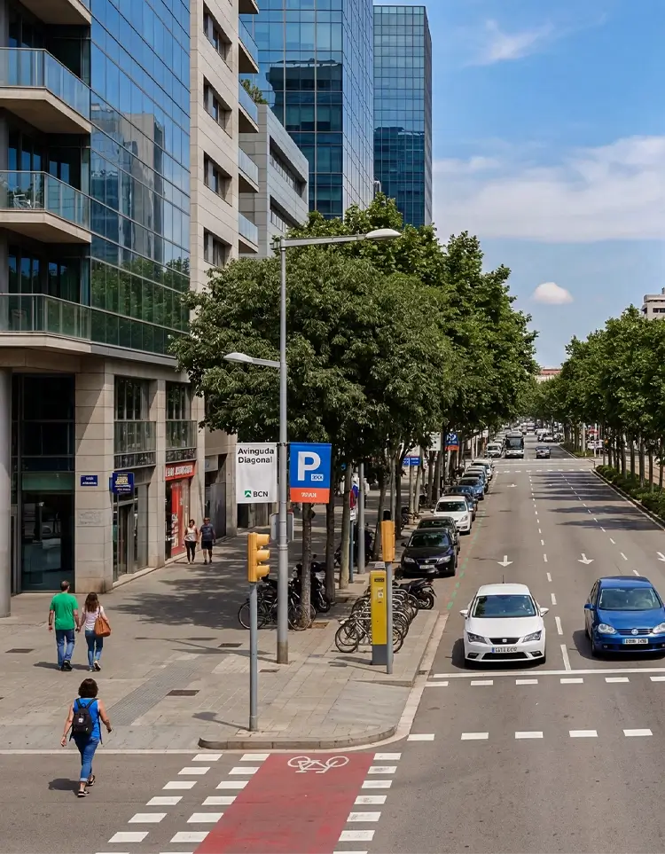 City street with modern office buildings, tree-lined sidewalks, pedestrians, parked cars, and a marked bike crossing