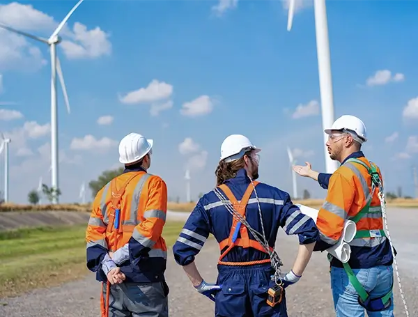 Three technicians in safety gear discussing inspection work at a wind farm with turbines in the background