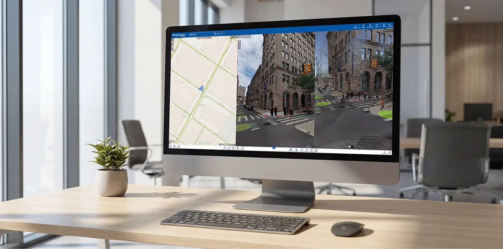 Desktop monitor on an office desk displaying a street-level mapping interface in Street Smart with map and imagery views