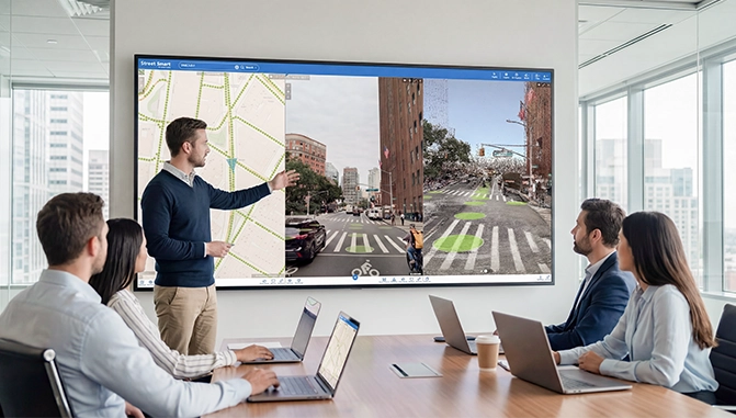 Team in a meeting room watching a presentation on a large screen displaying a street-level mapping interface