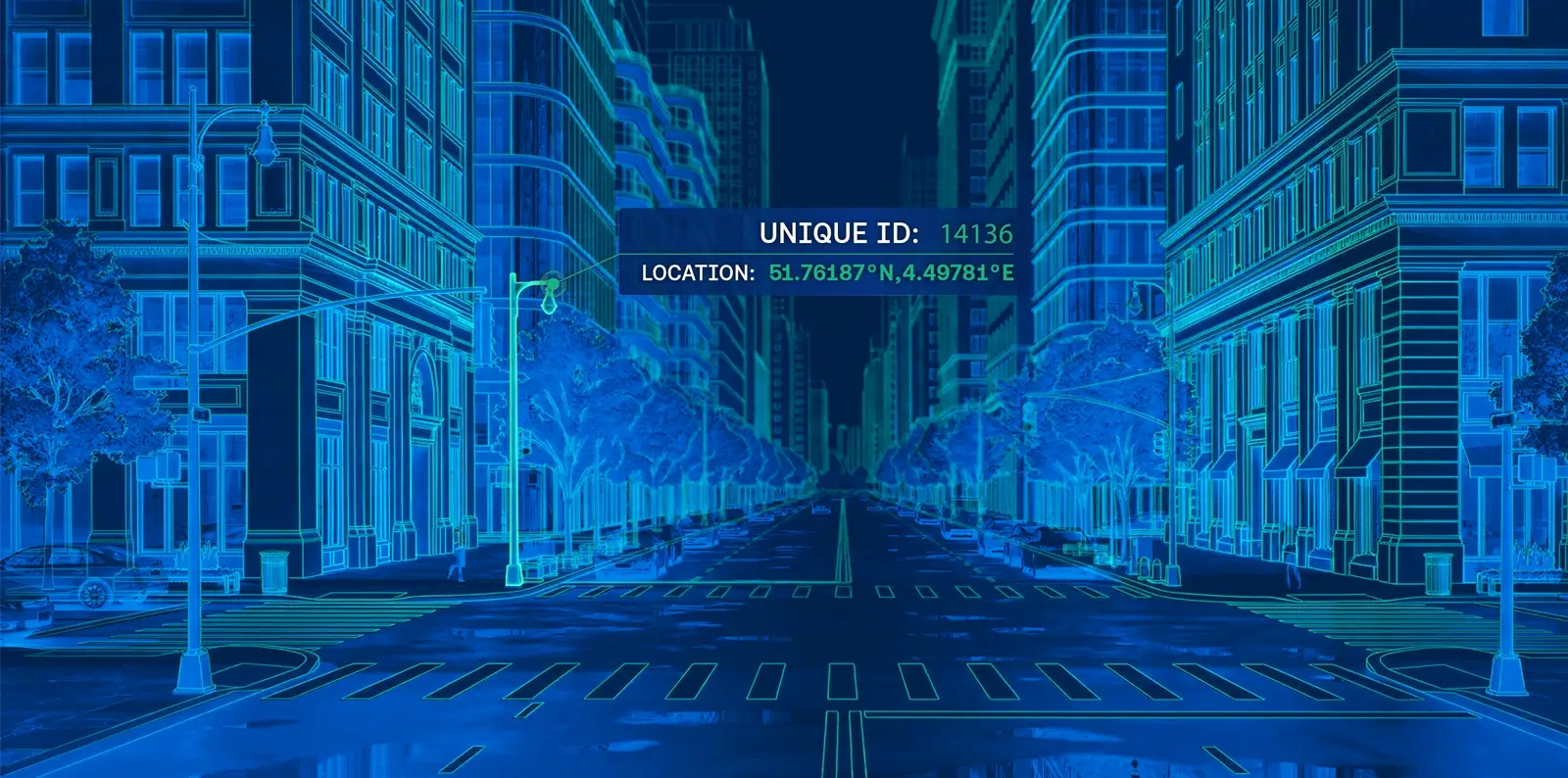 Digital city street visualization with building outlines, road markings, and a location data overlay showing a unique ID and coordinates