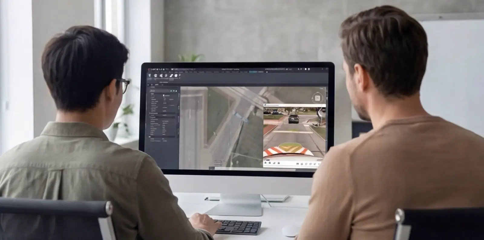 Two colleagues viewing mapping and street-level imagery software on a desktop monitor in an office
