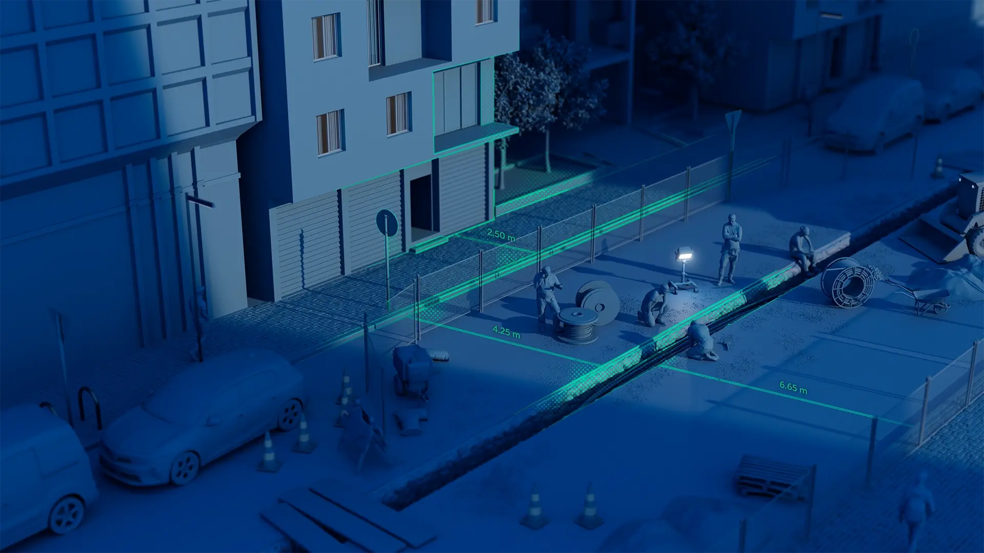 Urban utility worksite with underground network measurements highlighted in a blue digital visualization