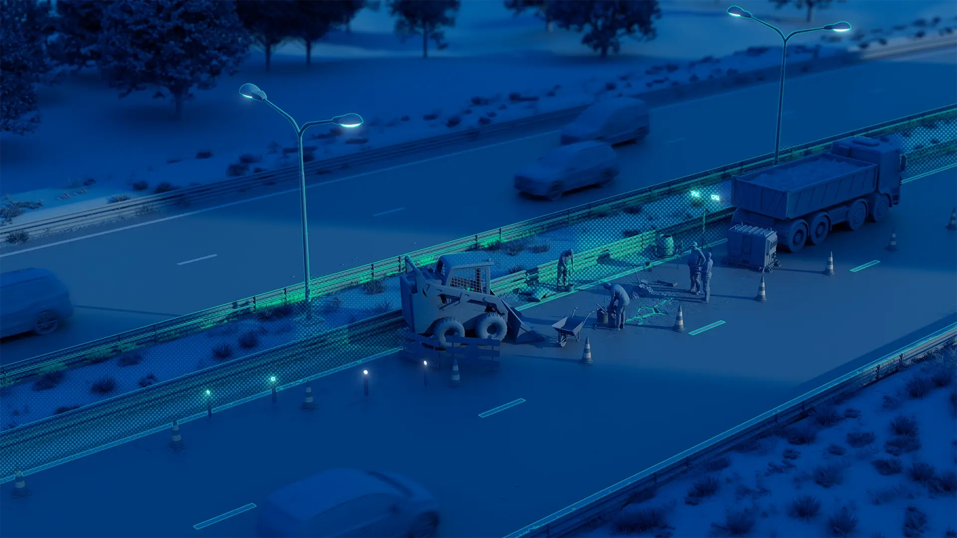 Roadwork scene on a highway with maintenance activity and infrastructure elements shown in a blue digital visualization