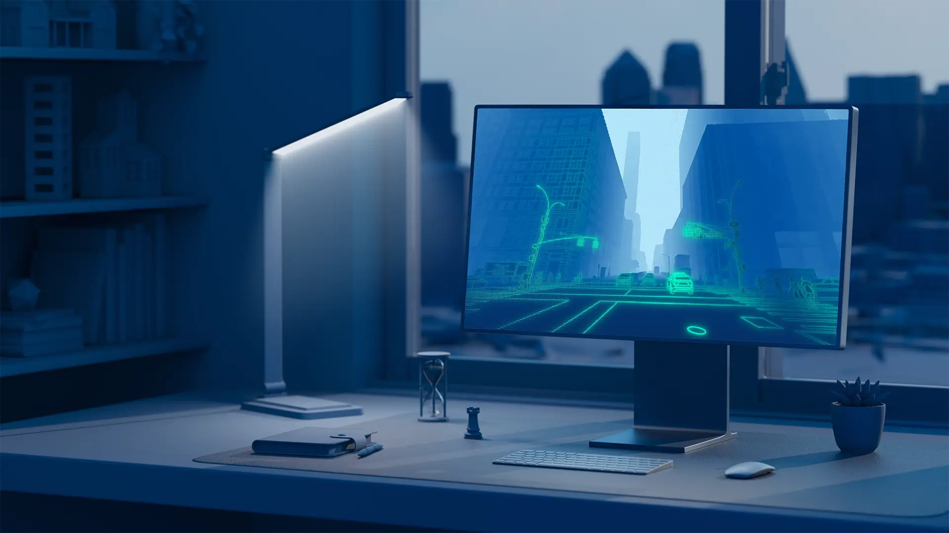 Desktop monitor displaying a digital street-level risk visualization in a blue office environment