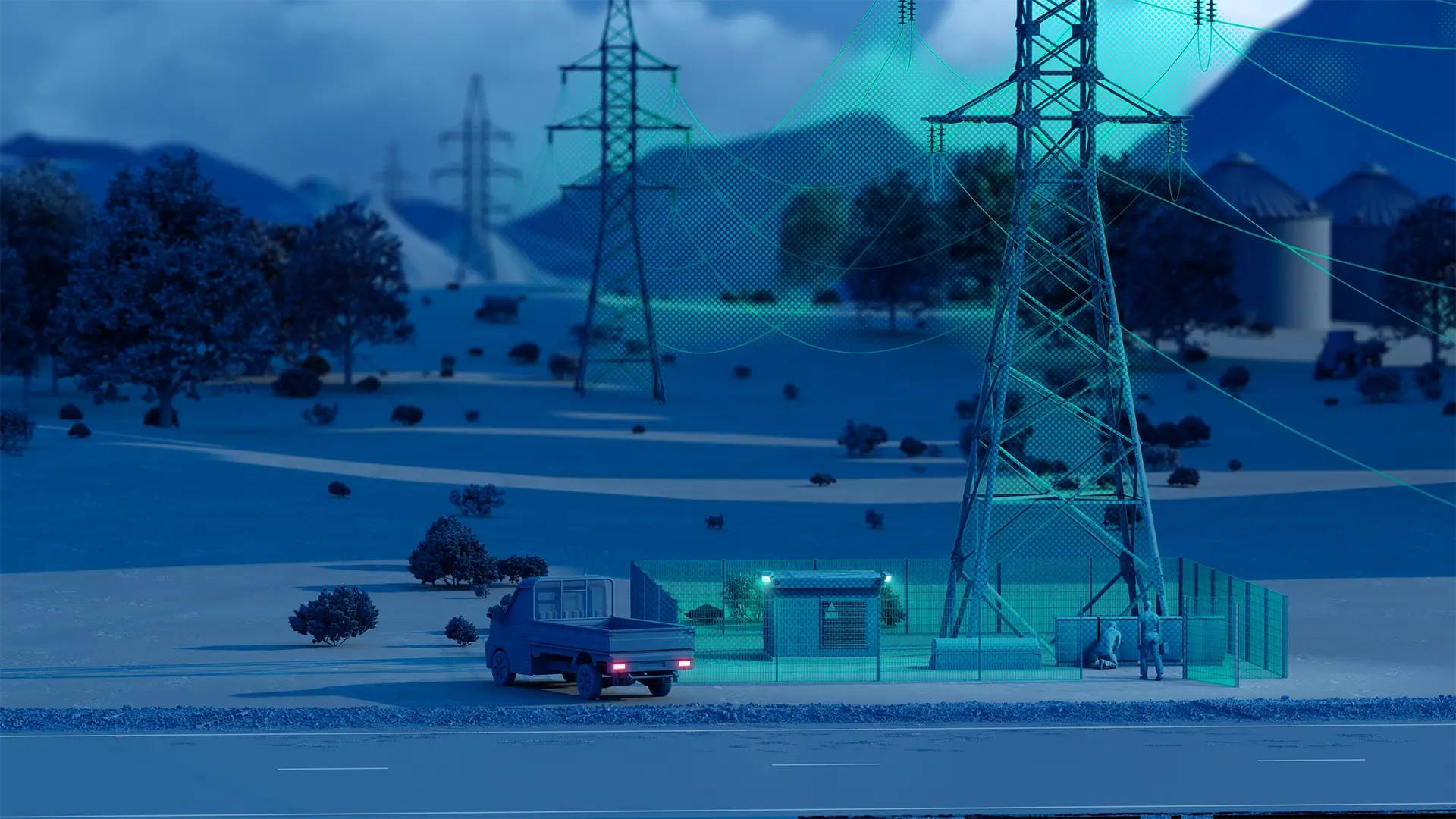 Power utility site with transmission towers and field service activity shown in a blue digital landscape