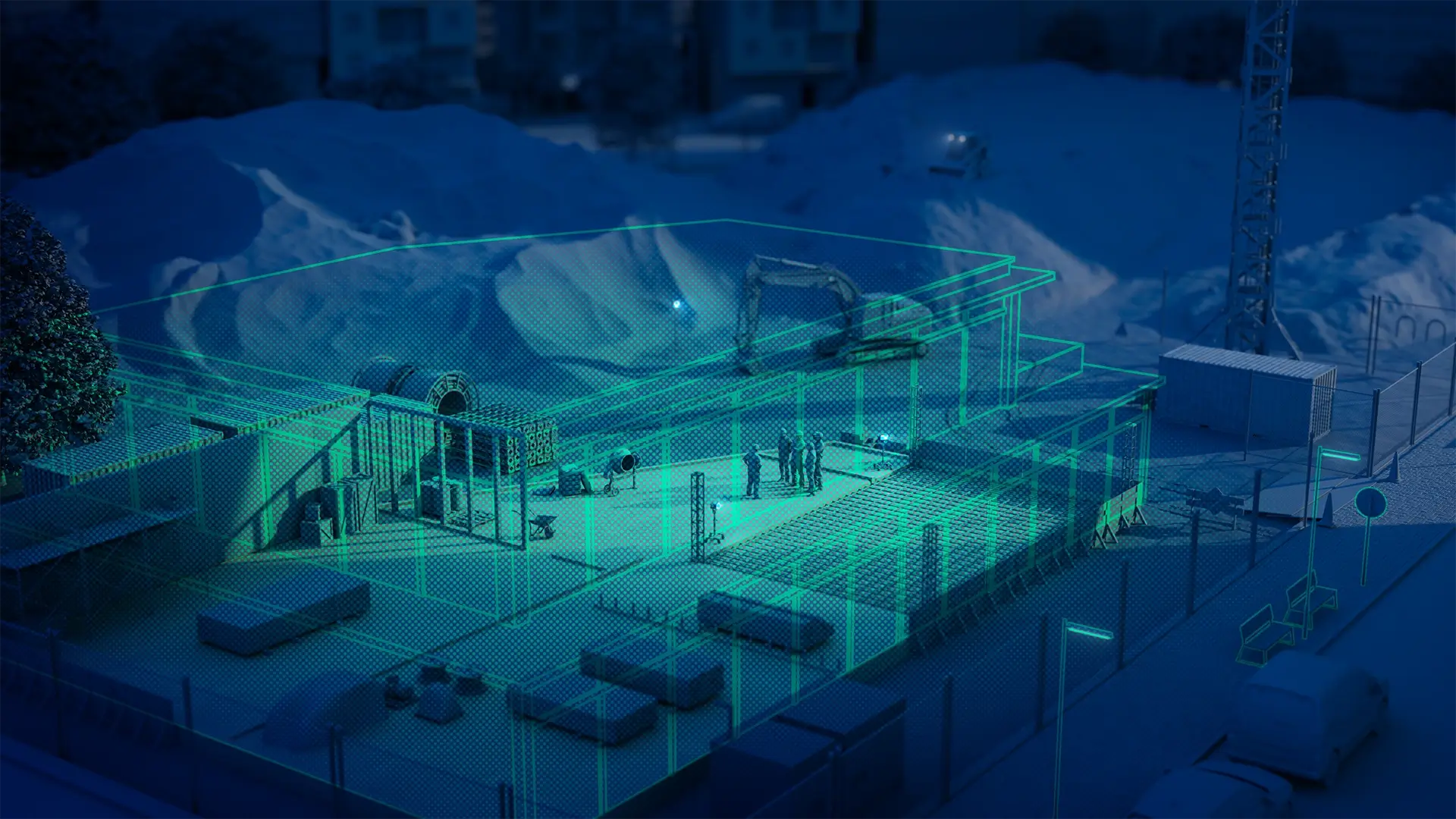 Digital visualization of a construction site with equipment, structures, and site activity highlighted in a blue data-driven environment
