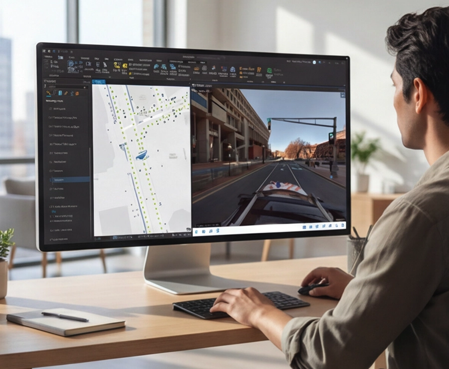 Professional working at a desktop computer in a bright office, viewing street-level imagery and map-based geospatial software on a large monitor.