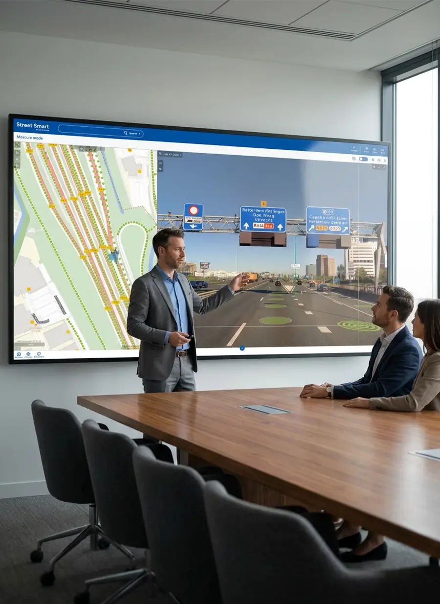 Presenter explaining the Street Smart measurement interface on a large wall display during a meeting