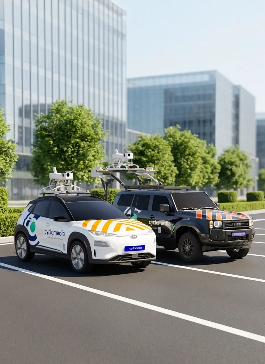 Two Cyclomedia capture vehicles with roof-mounted DCR-camera systems parked on a wide street in a modern business district