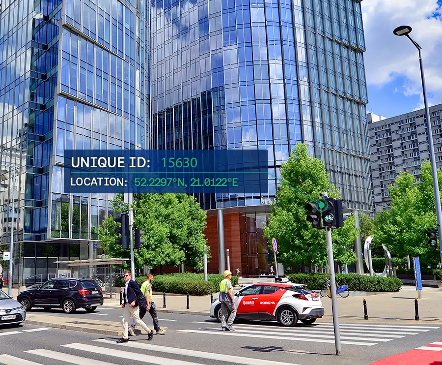 Urban street scene with pedestrians, cars, glass office buildings, and a digital overlay showing a unique ID and location coordinates