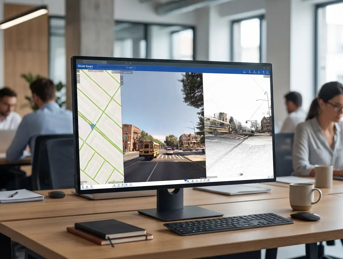 Desktop monitor in an office displaying the Street Smart interface with map and street-level imagery views