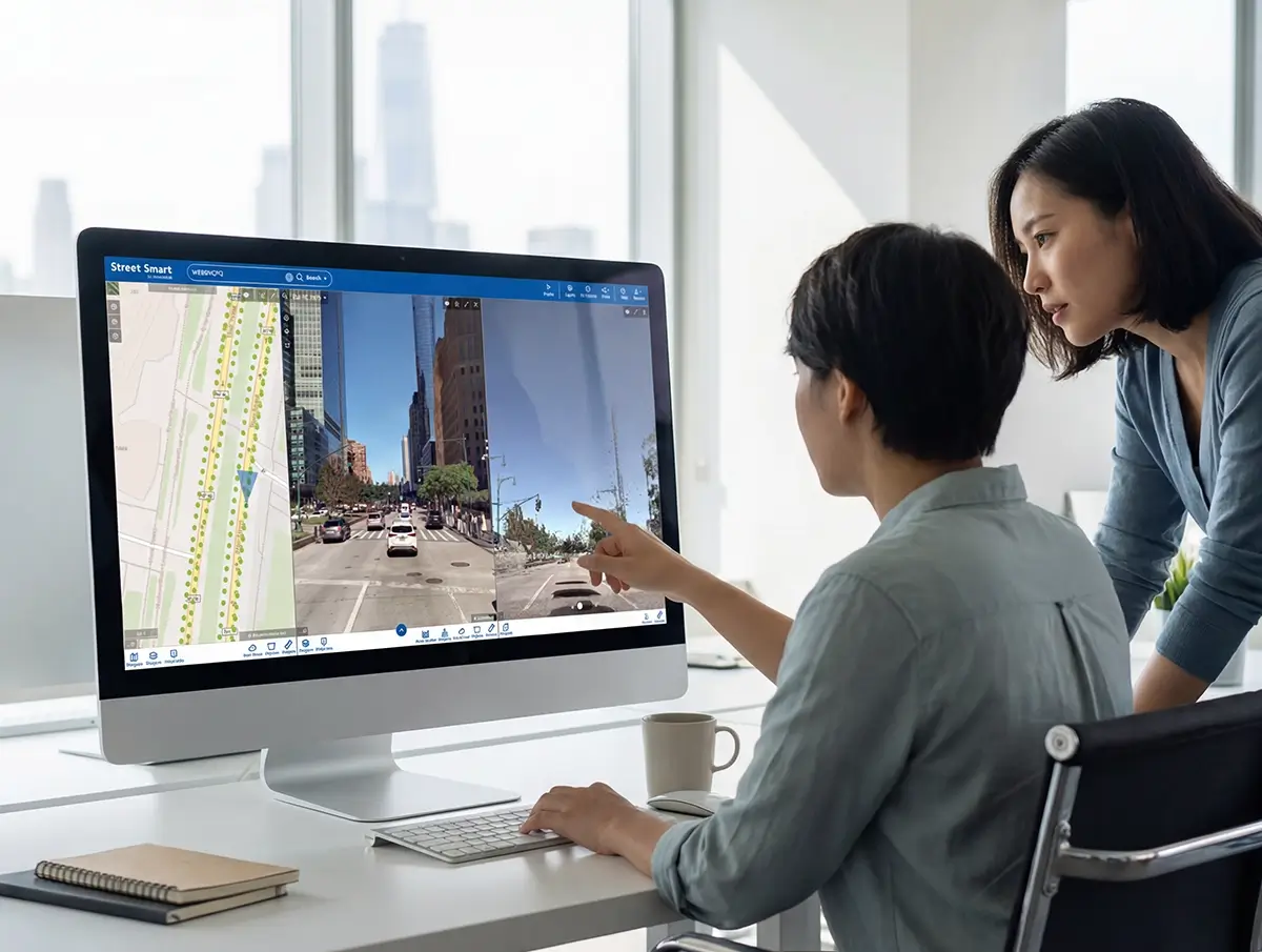 Two colleagues reviewing the Street Smart interface on a desktop monitor in a bright office