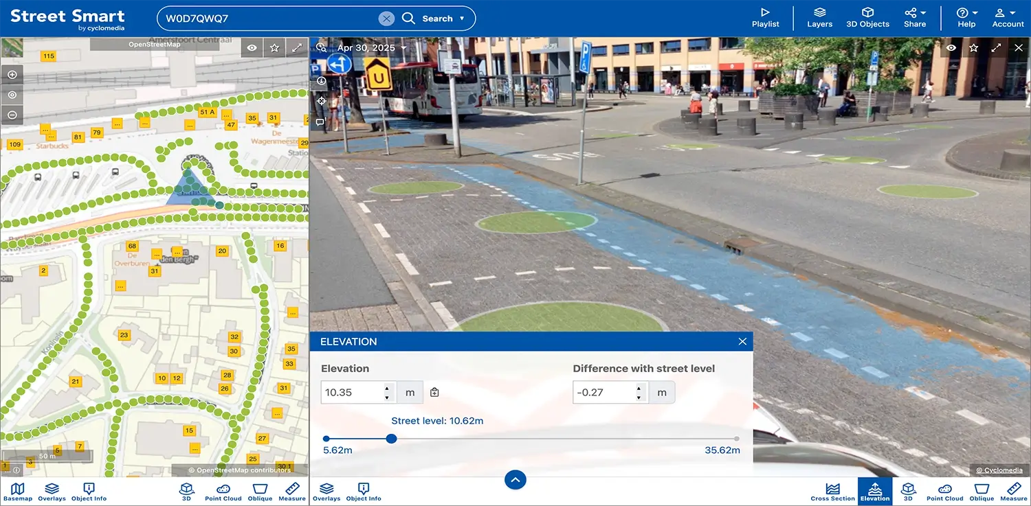 Street Smart interface showing elevation and flood risk analysis with map view, street-level imagery, and elevation measurement panel