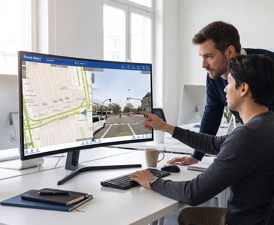 Two colleagues reviewing the Street Smart interface on a desktop monitor in a bright office workspace