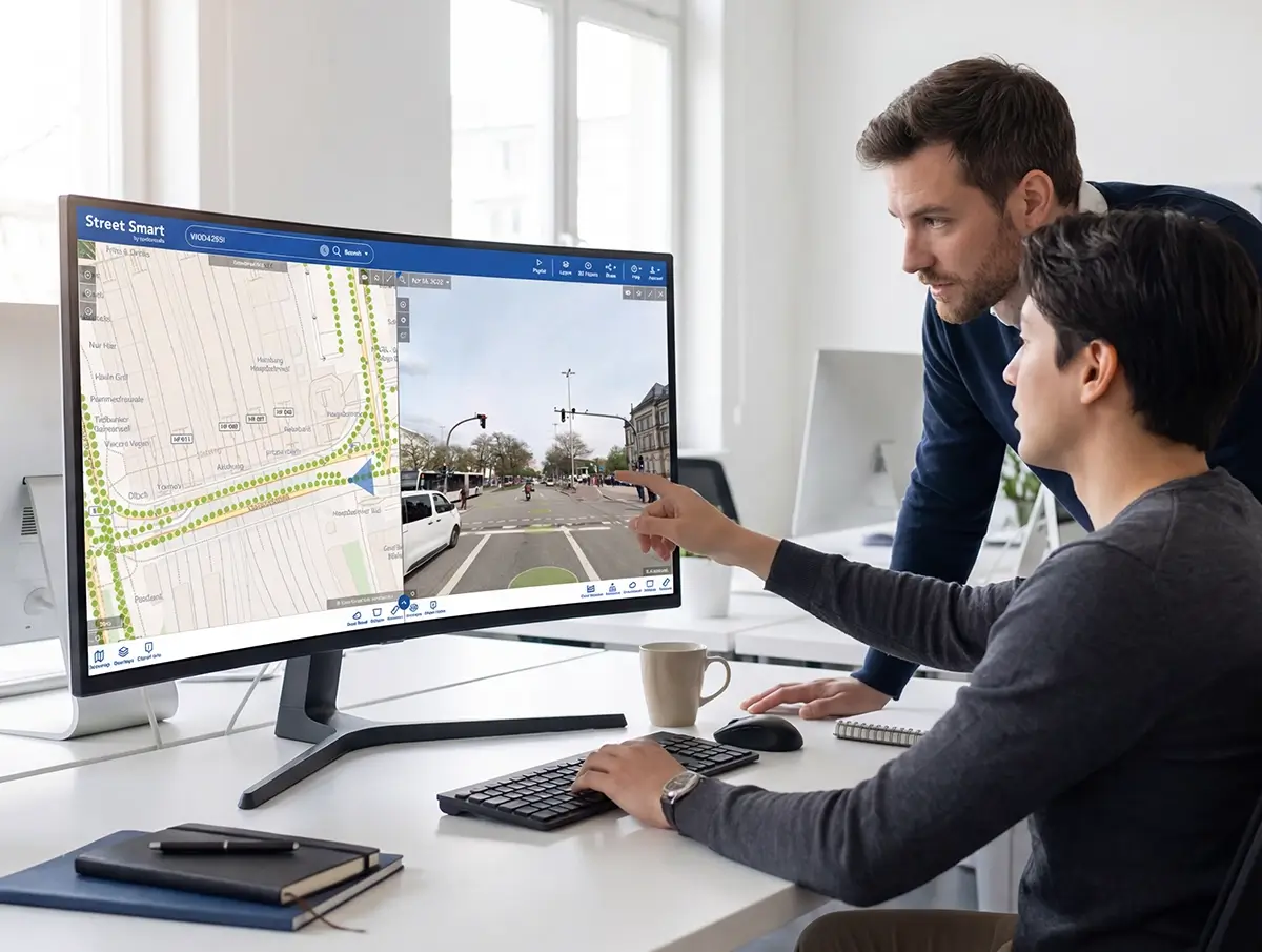 Two colleagues reviewing the Street Smart interface on a desktop monitor in a bright office workspace