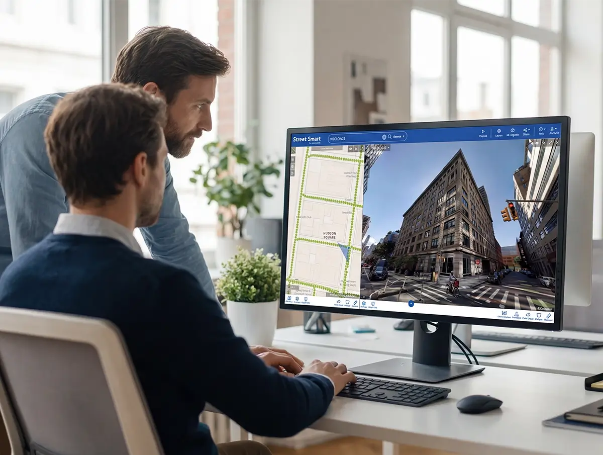 Two coworkers in a bright modern office review a street-level mapping interface on a desktop monitor at a white desk.