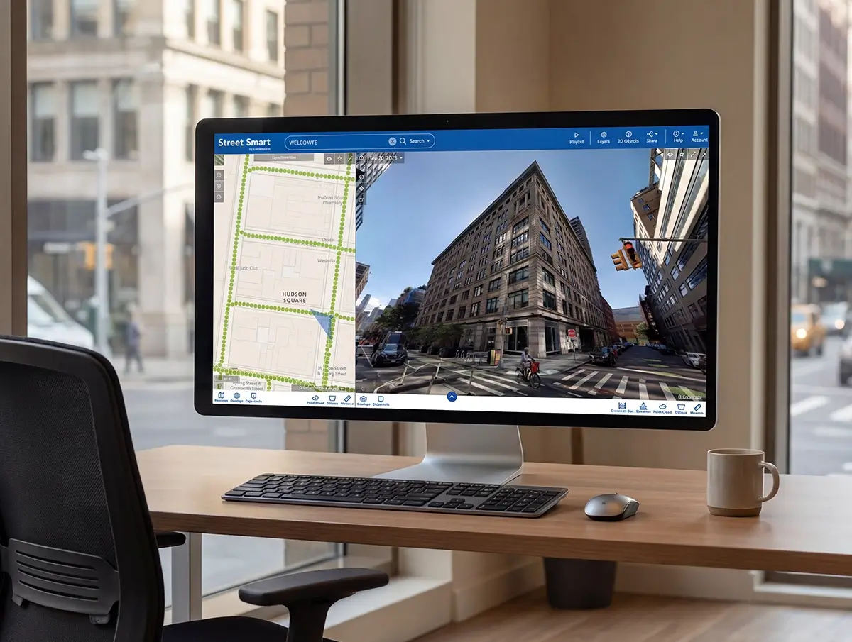 Desktop monitor in a city office displaying the Street Smart interface with map and street-level imagery views