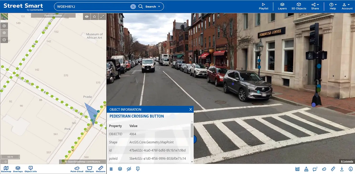 Street Smart interface showing a map, street-level view, and object information panel for a pedestrian crossing button
