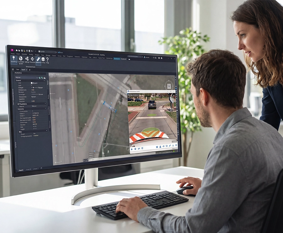Two colleagues reviewing geospatial analysis software on a desktop monitor in a modern office