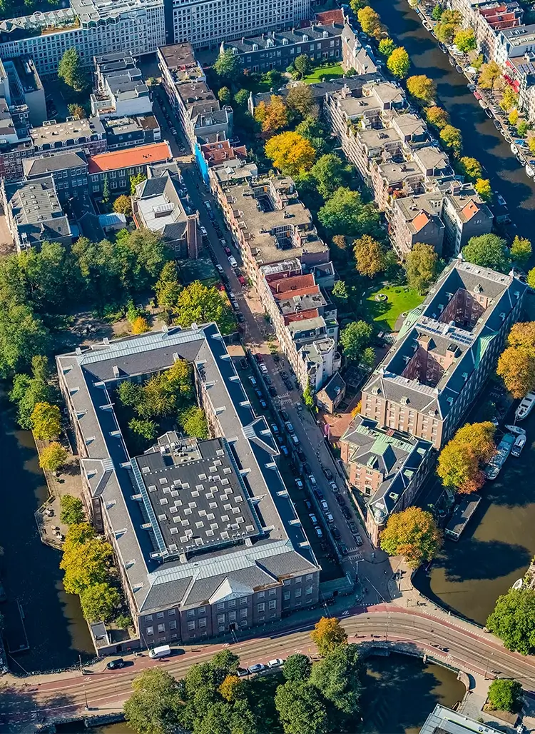 An aerial oblique view of the city of Amsterdam