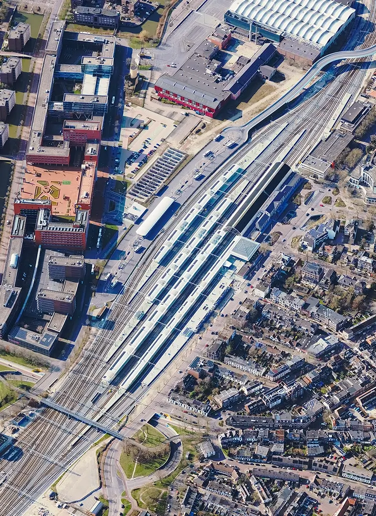 An aerial oblique image of the train station in Zwolle