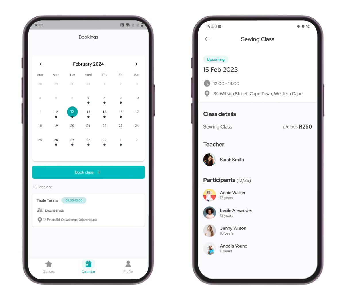 In this Flutterflow class booking app, after booking class gurdians can check all their classes in calender and can check all the details of class booked like participants, class type , timings, price and teacher.