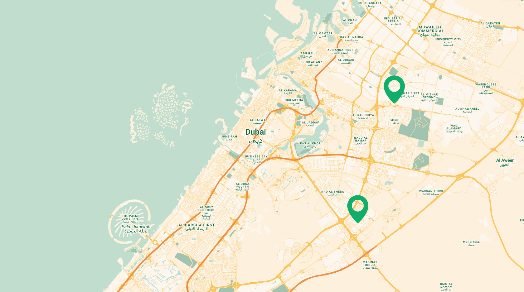 Map of Dubai showing major neighborhoods including Palm Jumeirah and marked locations in Al Rashidiya and Nad al Sheba areas.