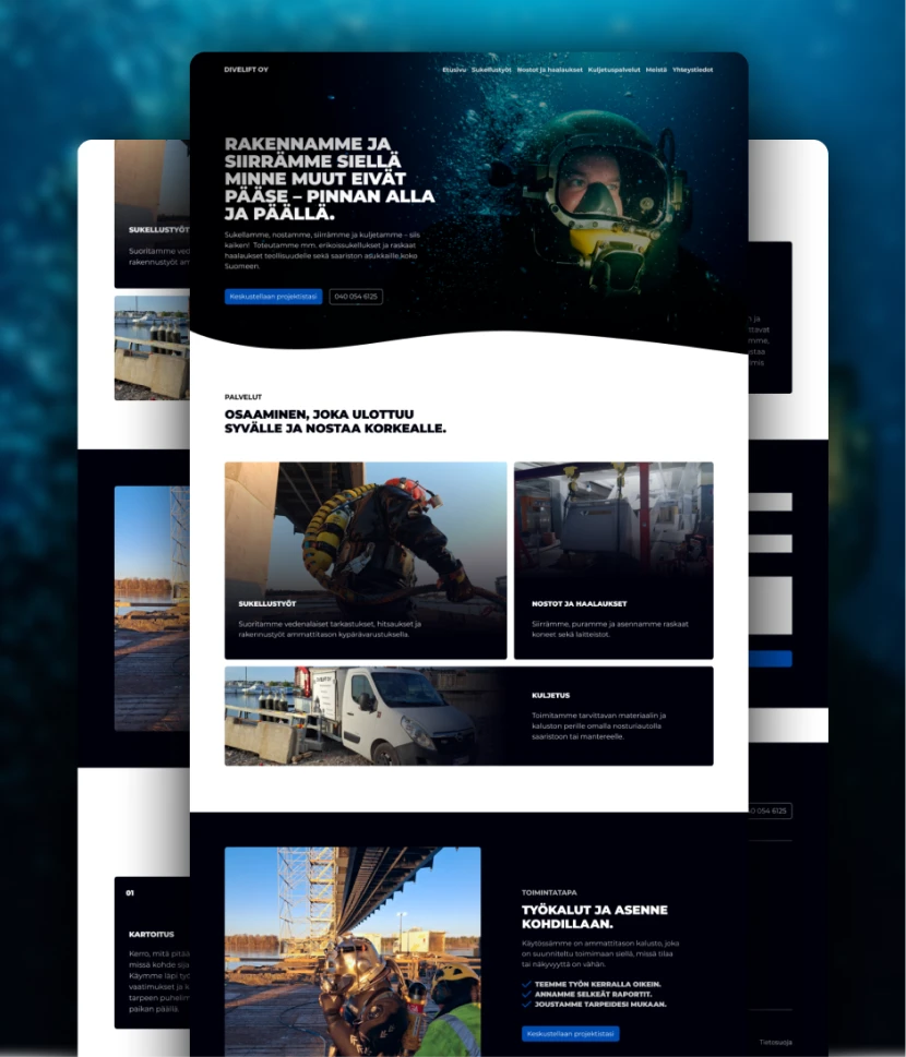 Sukellusyrityksen verkkosivut
Kiteytimme liiketoiminnan ja loimme modernin visuaalisuuden.