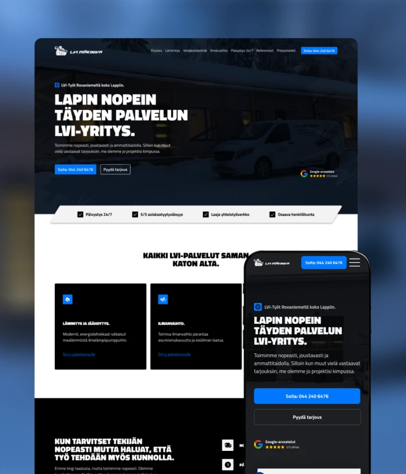 Lapin tyylikkäimmät LVI-sivut
Uudistimme yrityksen digitaalisen olemuksen täysin uudestaan.