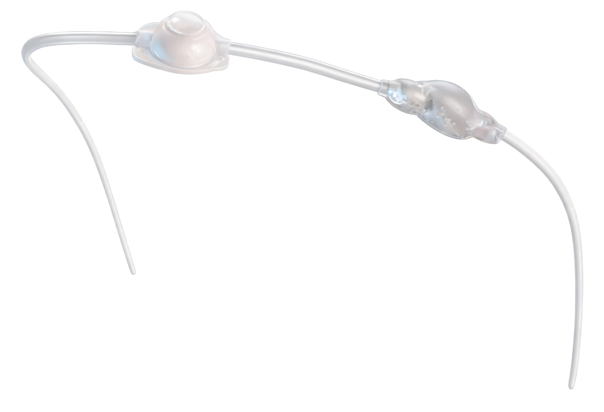 Transparent plastic inline switch with two connected cables on a white background.