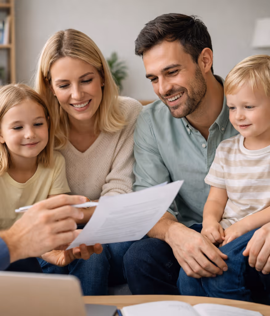 Eine lächelnde vierköpfige Familie sitzt beisammen und sieht sich ein Dokument an, während eine Person einen Stift in der Hand hält.