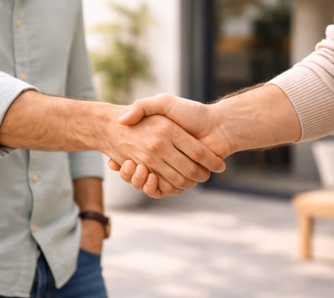 Nahaufnahme eines Händedrucks zwischen zwei Personen in Freizeitkleidung.