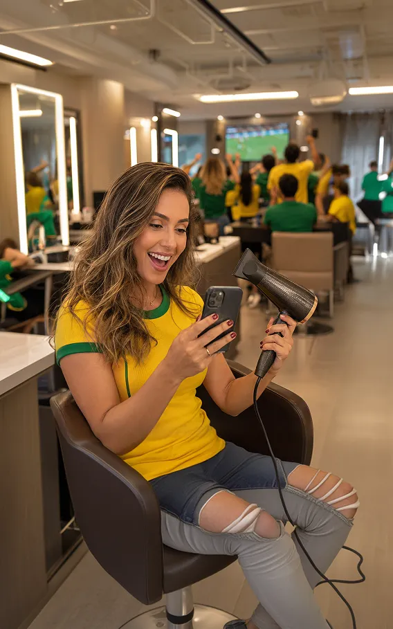 Profissional de salão com camisa do Brasil comemorando a Copa enquanto atende cliente
