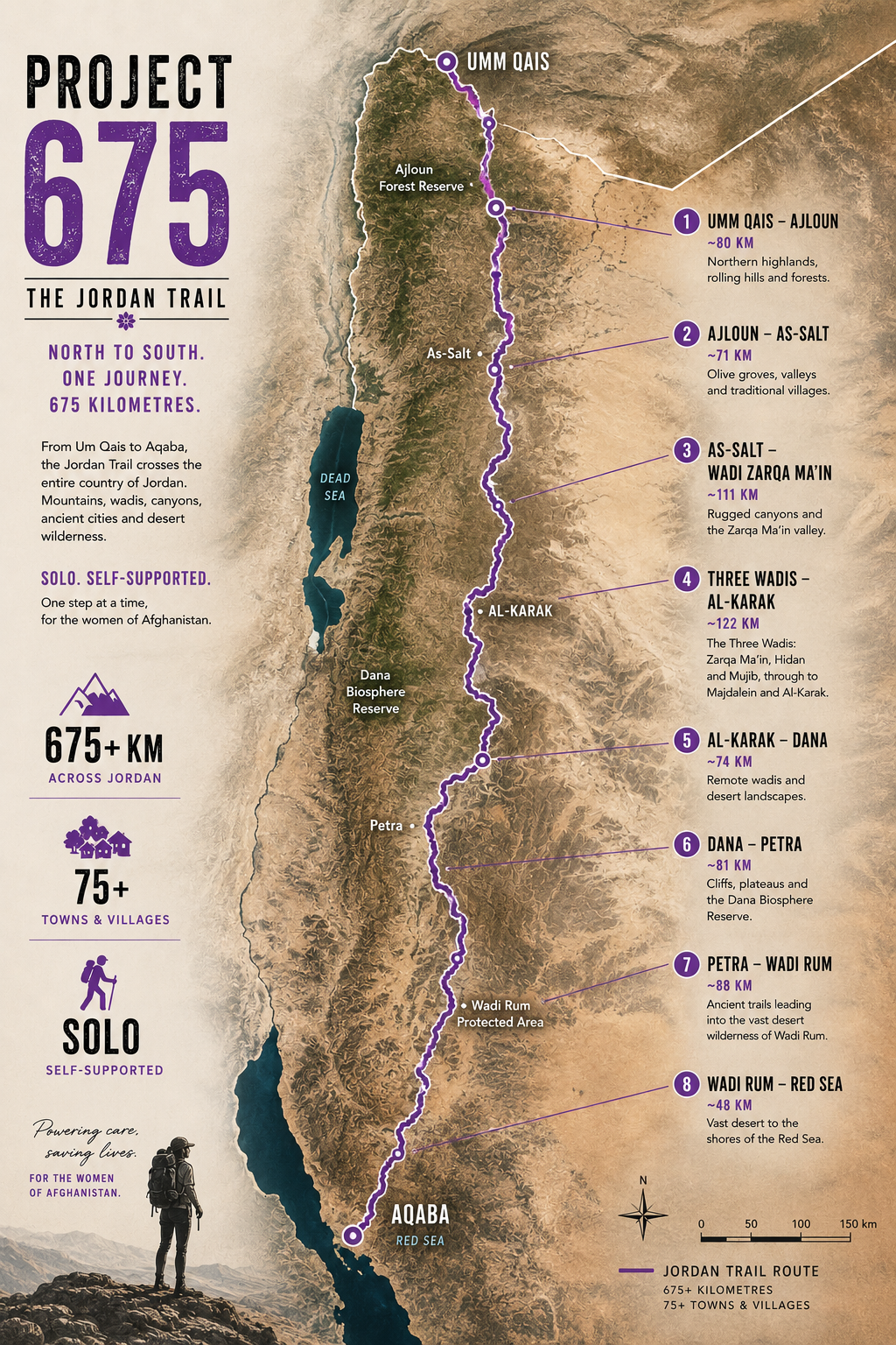 Map of Sarah's Jordan Trail route from Umm Qais to Aqaba