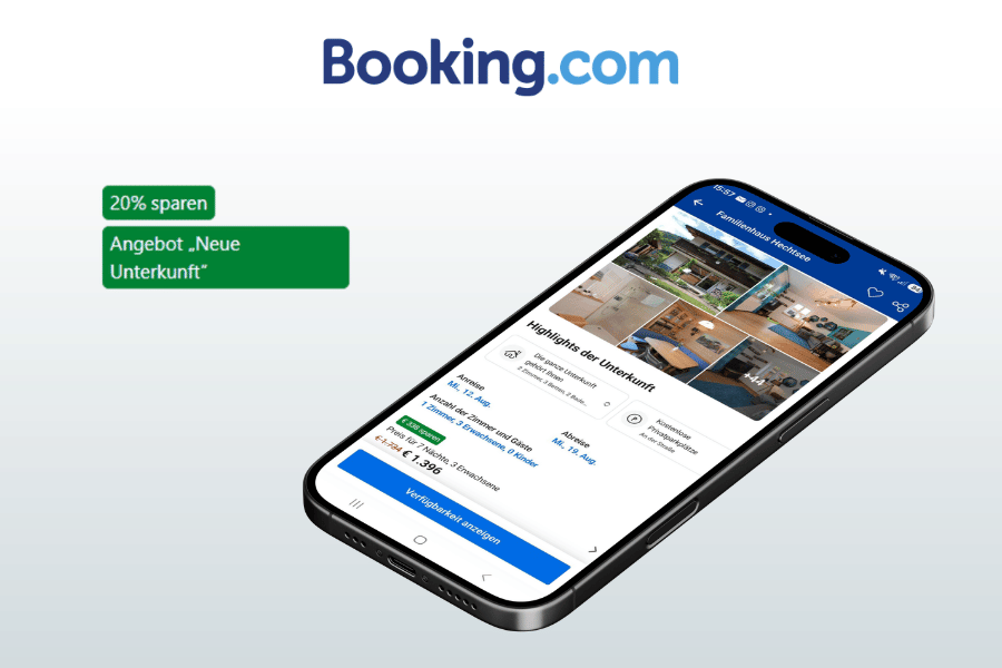 Booking.com logo above a phone showing a special 20% off lodging deal in German on the app.
