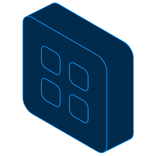 Isometric blue 3D block with four rounded square cutouts arranged in a 2x2 grid.