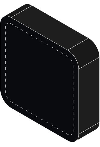 3D black rounded rectangular block with dashed outline on front face.