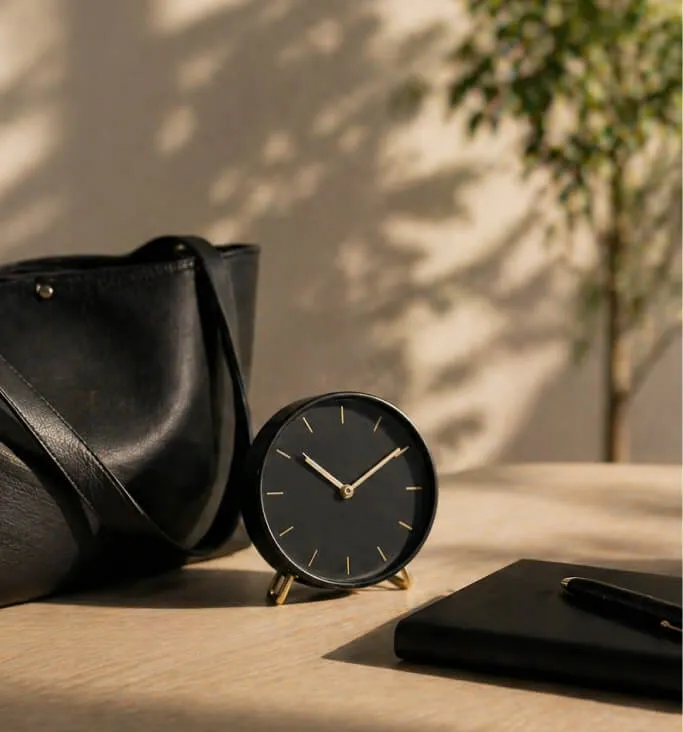 Uhr, Tasche und Notizbuch auf einem Tisch