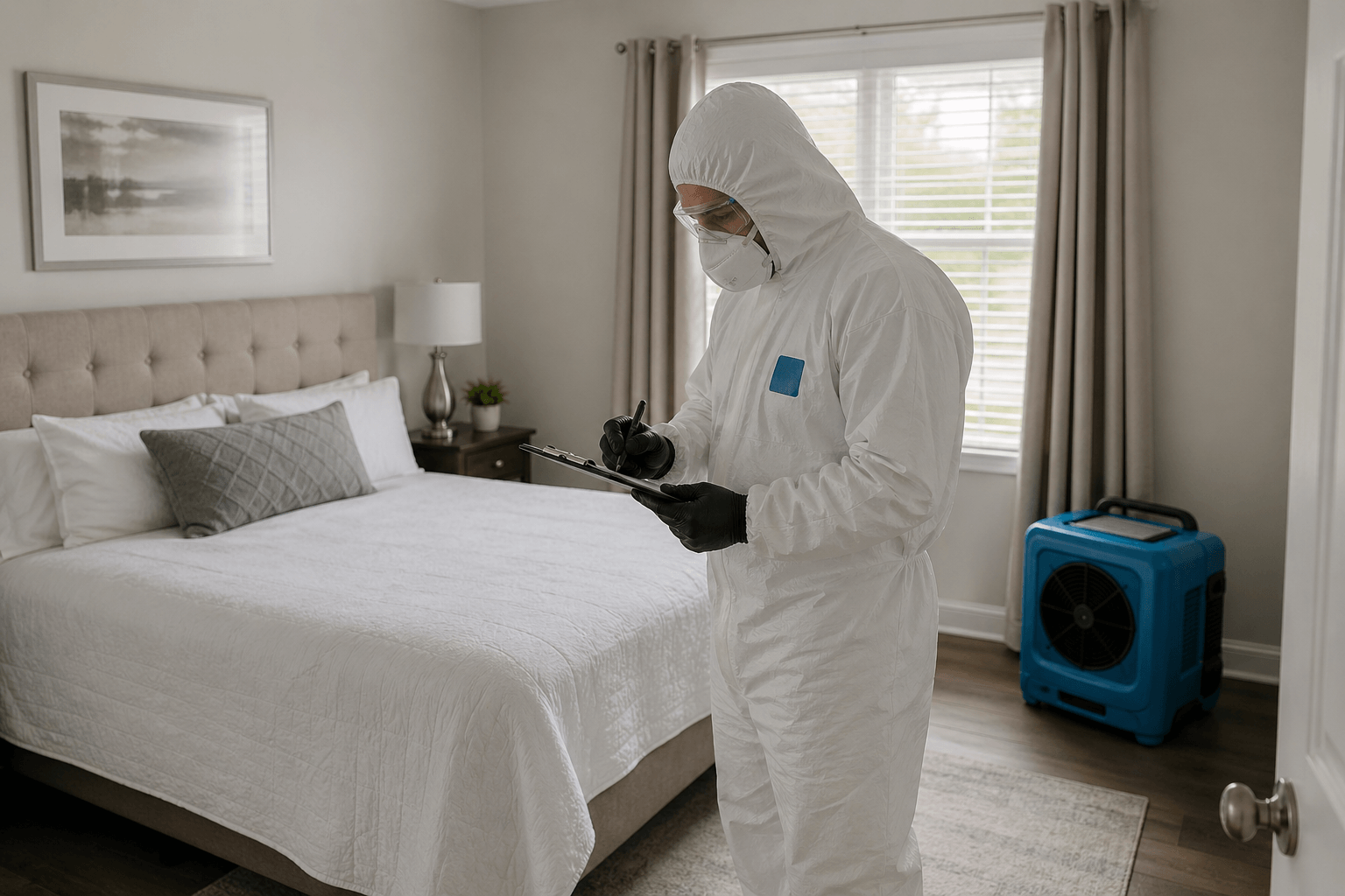 Certified suicide cleanup professionals preparing equipment for biohazard remediation